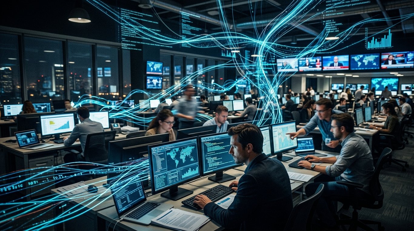 Illustration abstraite de flux de données financiers en bleu et rouge sur fond sombre