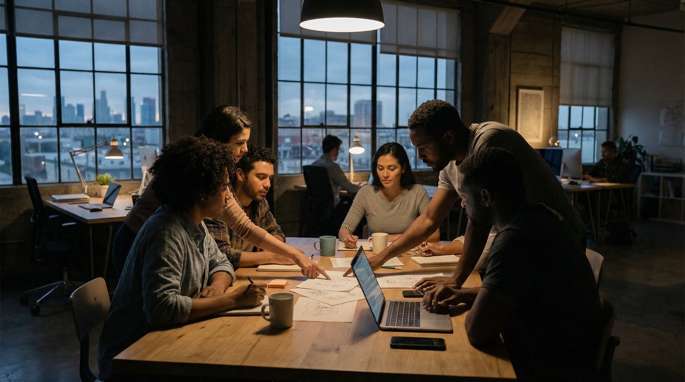 Portrait de groupe artistique en silhouette regardant des plans d'architecte sur une table, style noir et blanc granuleux
