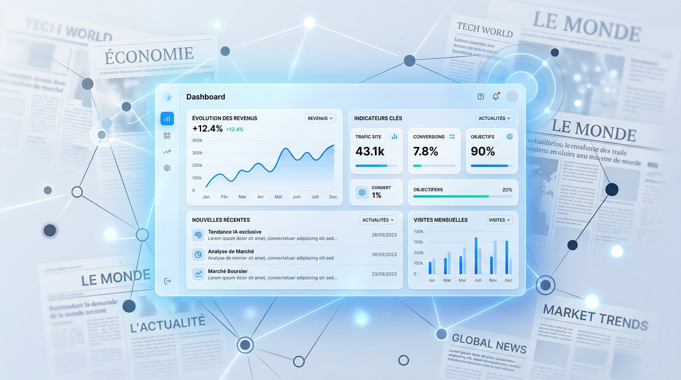 Tableau de bord PressScope montrant des graphiques d'analyse médiatique