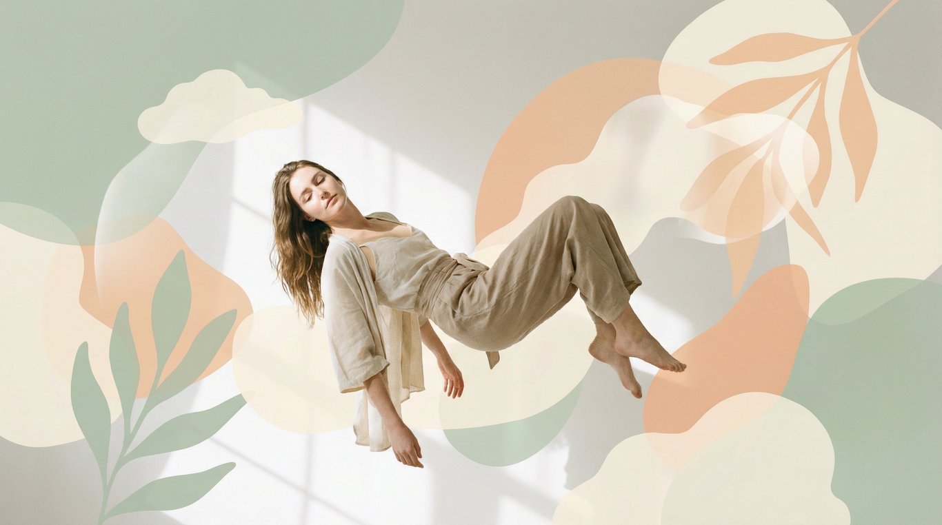 Femme sereine entourée de formes abstraites organiques, ambiance douce et pastel