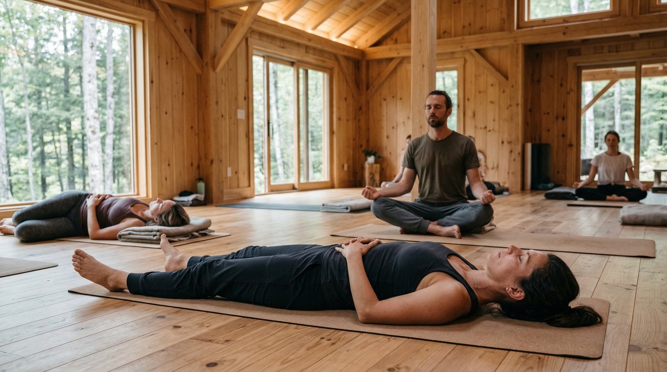 Praticienne guidant un groupe lors d'un atelier de respiration consciente.