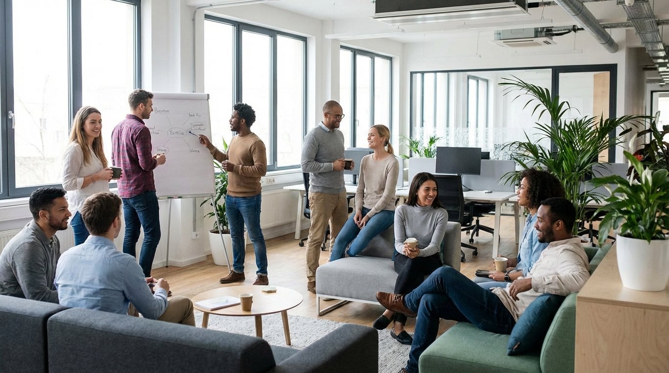 Portrait d'équipe corporate dans un hall d'entrée lumineux et moderne