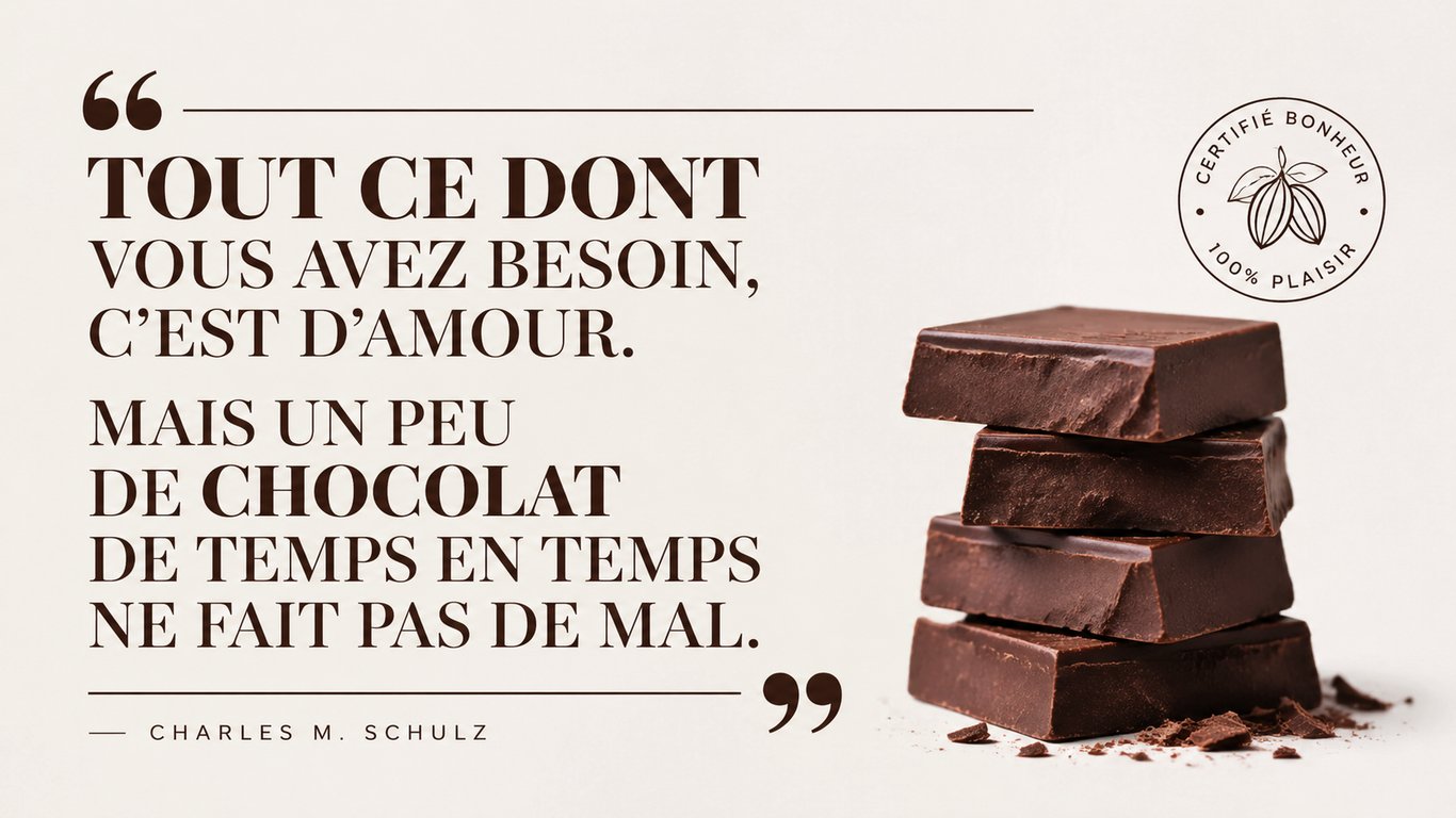 Citation célèbre sur le chocolat présentée dans un design éditorial élégant pour le partage sur les réseaux sociaux