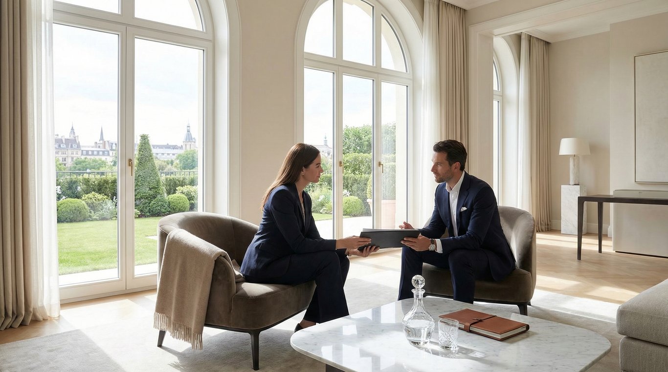 Bureau minimaliste avec plans d'architecte sur table en marbre