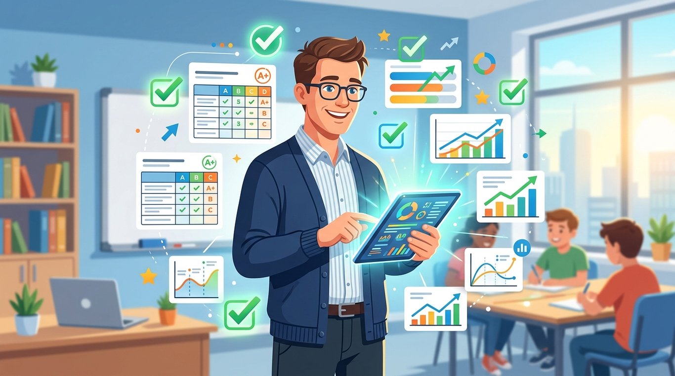 Illustration d'un enseignant utilisant des grilles d'évaluation sur tablette