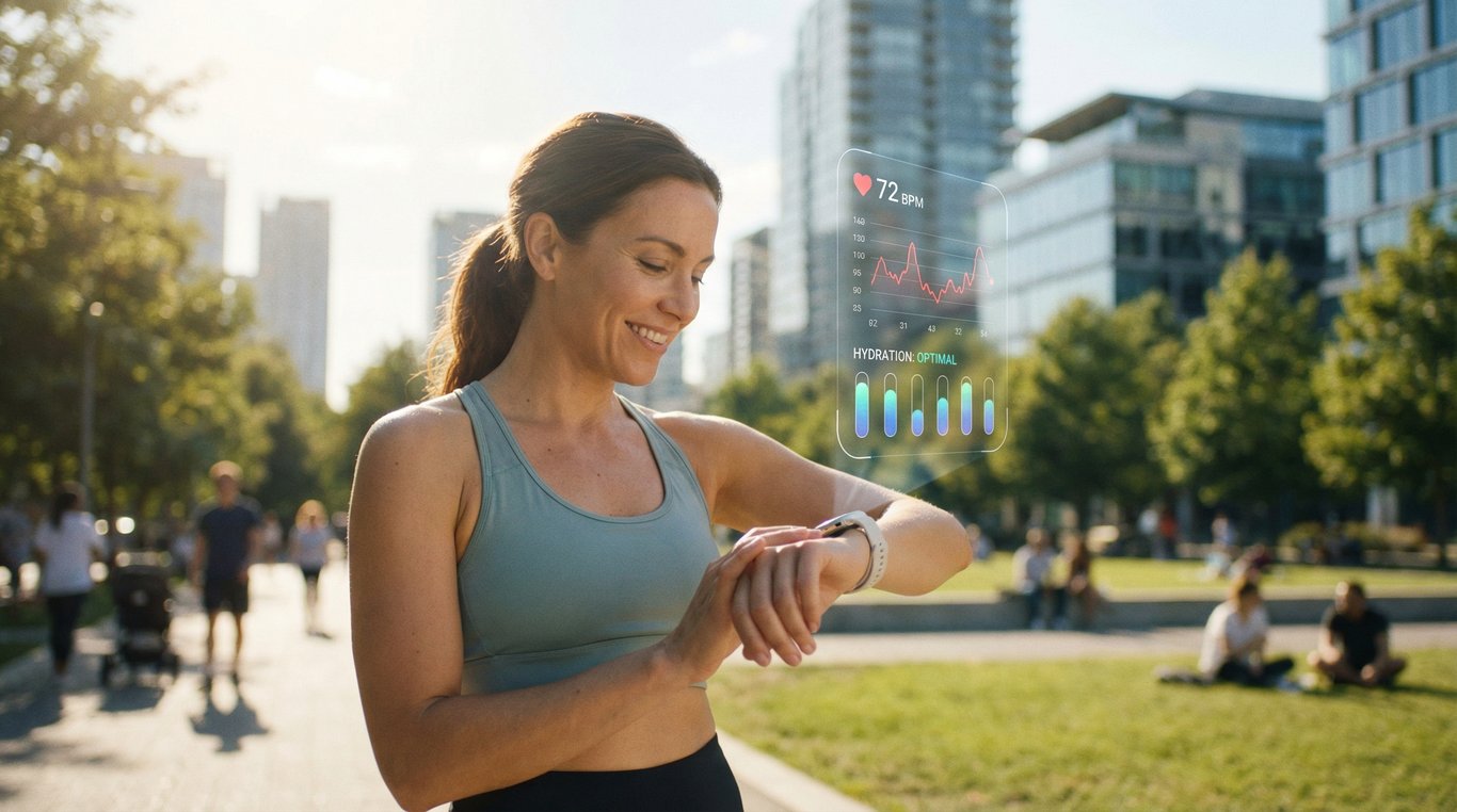 Personne active consultant sa montre connectée Vitalek dans un parc ensoleillé