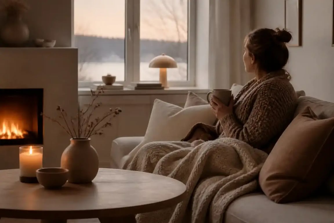Intérieur hygge avec feu de cheminée et plaids