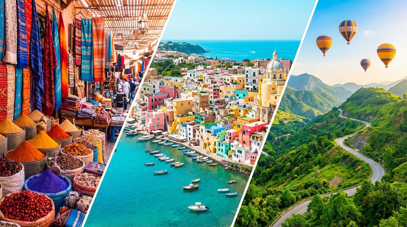 Carte stylisée de la France avec points d'intérêt colorés représentant les destinations populaires