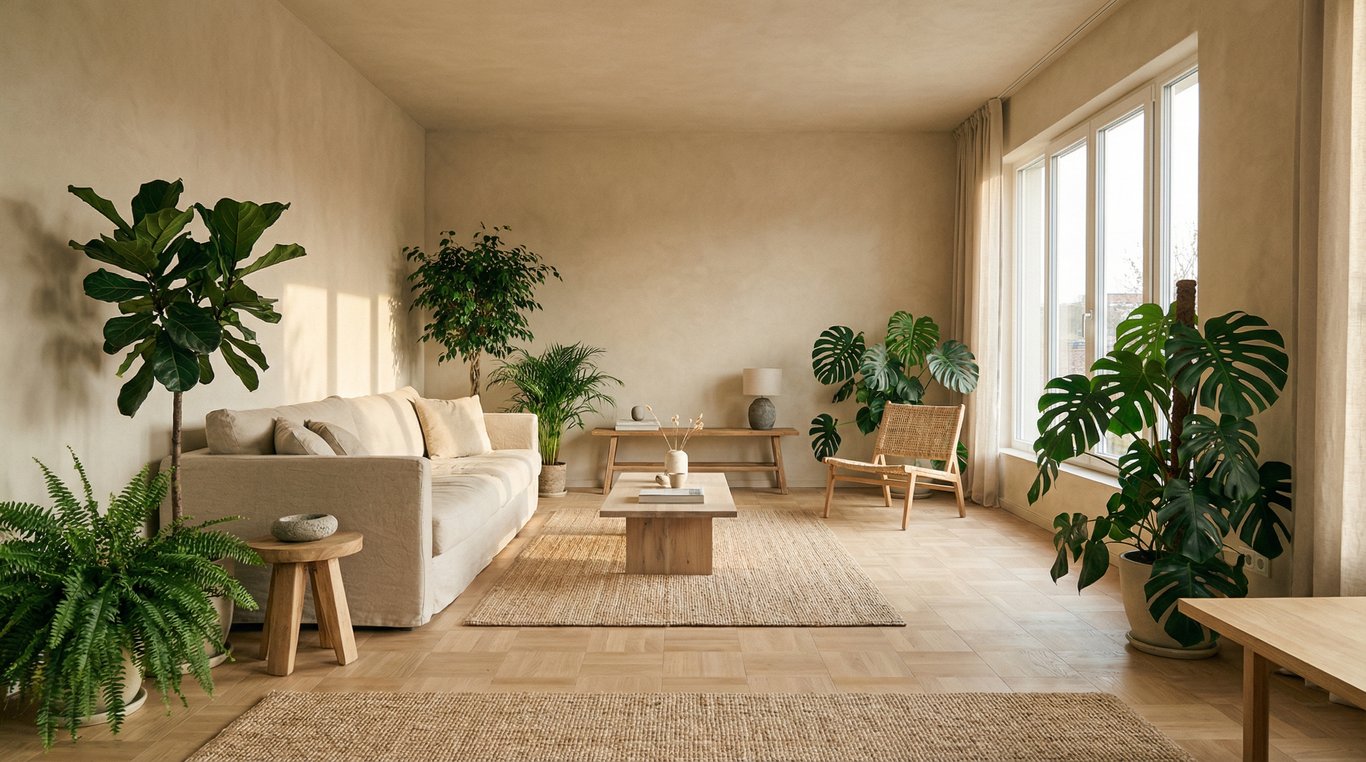 Salon spacieux et lumineux rénové avec des matériaux naturels, ambiance japandi