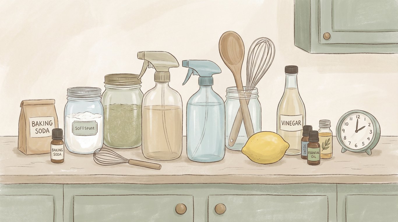 Illustration flatlay de citrons, bouteille de vinaigre vintage, brins de lavande et flacon spray ambré sur fond texturé