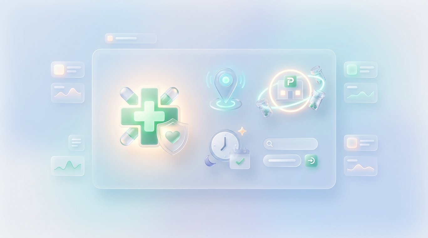 Icône 3D d'une horloge et d'une croix médicale rouge brillante symbolisant l'urgence et le temps