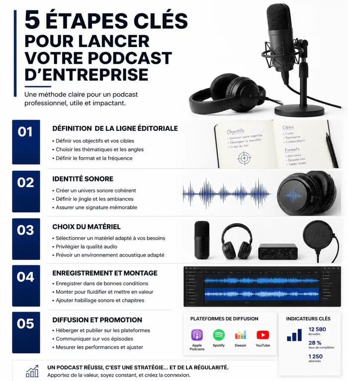 Infographie des étapes pour lancer un podcast d'entreprise réussi