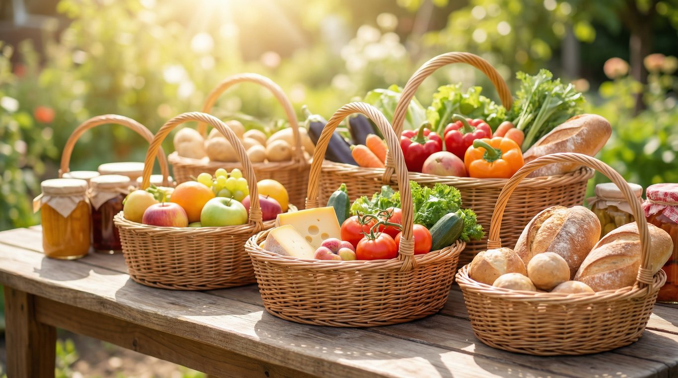 Trois paniers de tailles différentes alignés sur un étal de marché, montrant clairement la différence de volume de contenu.