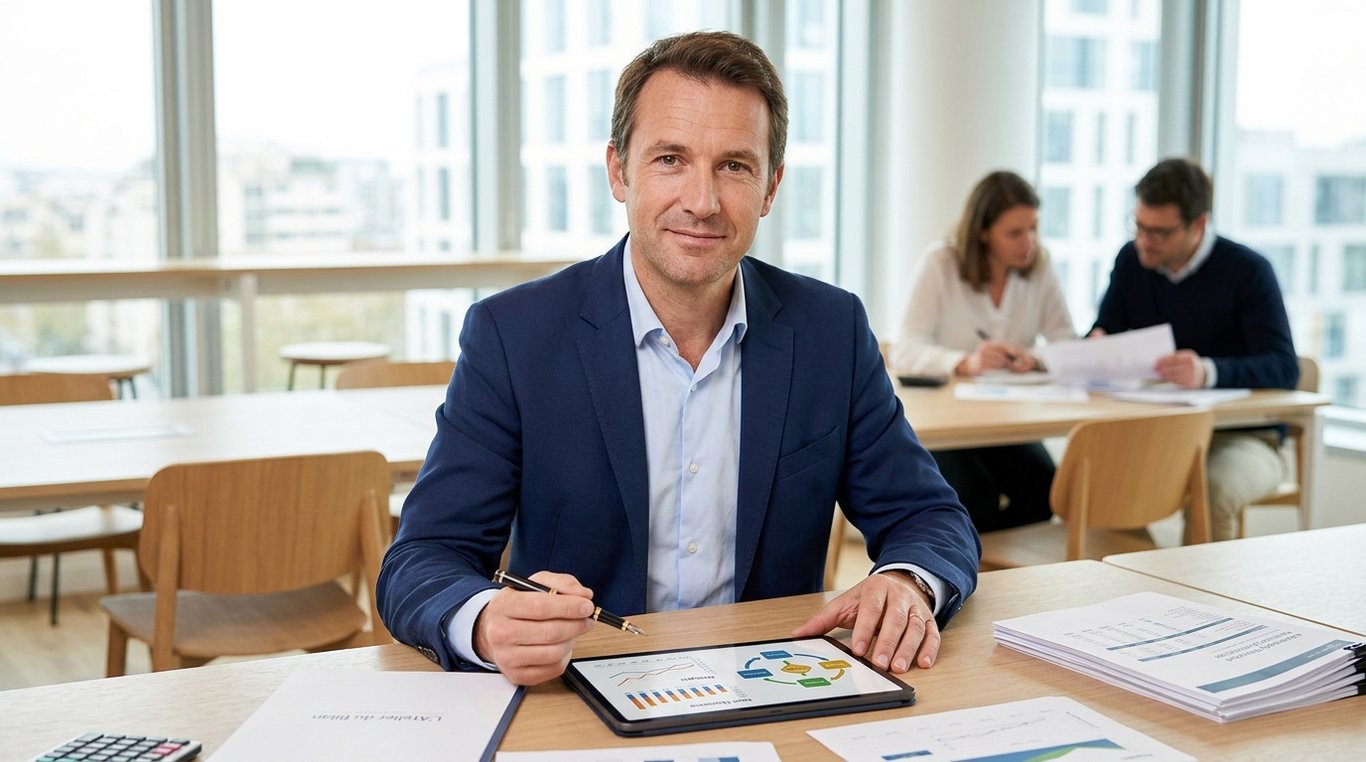 Portrait fictif de Théo, responsable bilan financier, travaillant sur des documents