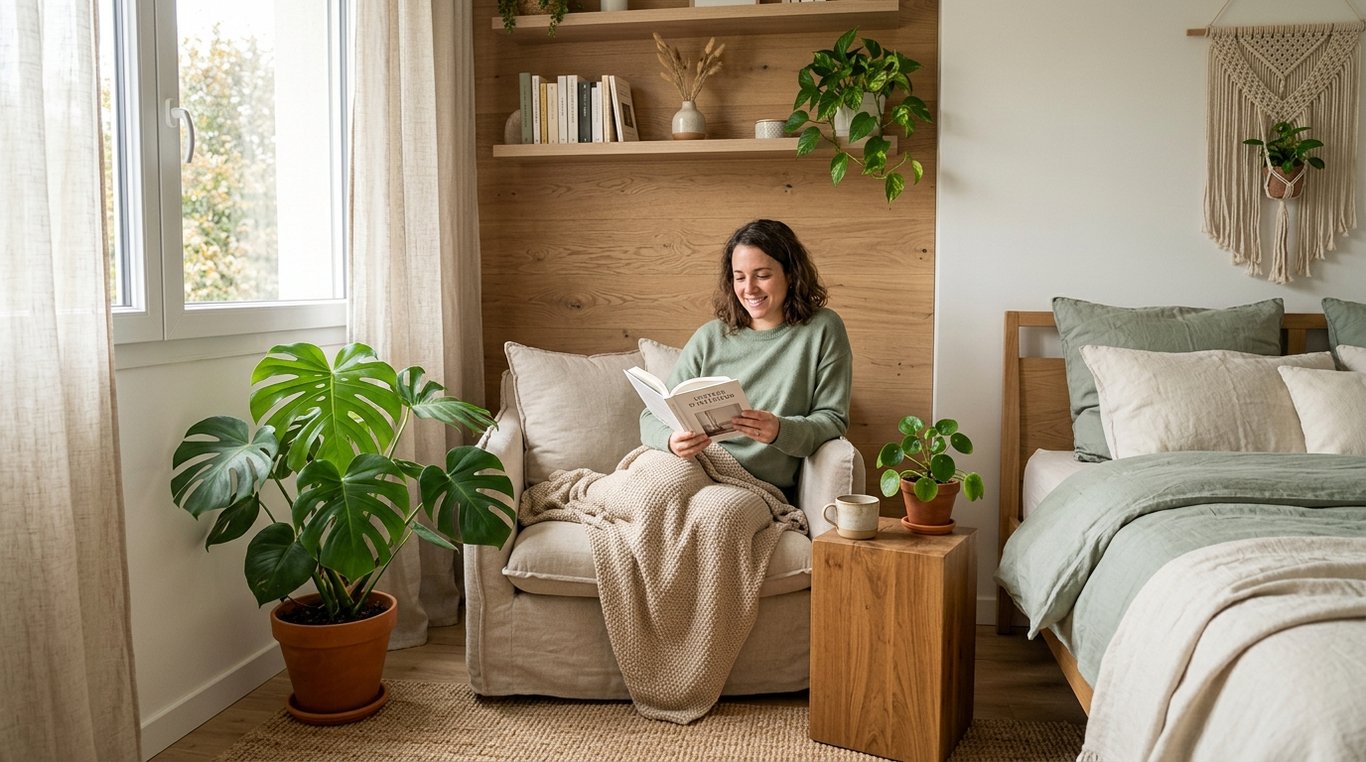 Après : chambre cocooning avec plantes, tons chauds et ambiance apaisante.