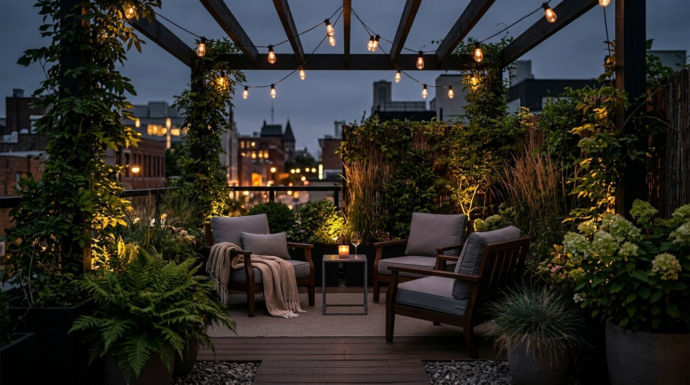 Terrasse urbaine végétalisée : contrastes entre pierre claire, métal et feuillages dorés.