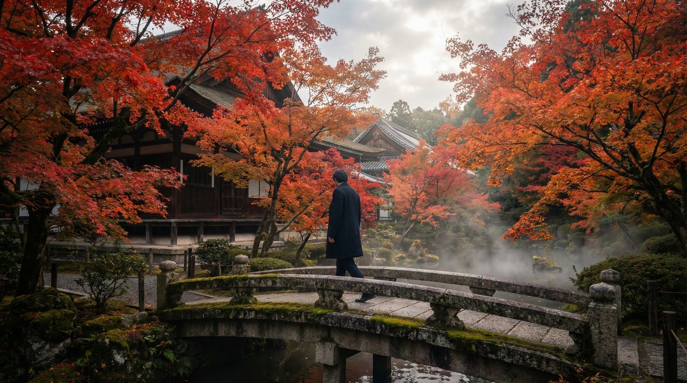 Une femme de dos marchant dans une allée de torii rouges à Kyoto, lumière filtrée, profondeur de champ cinématographique