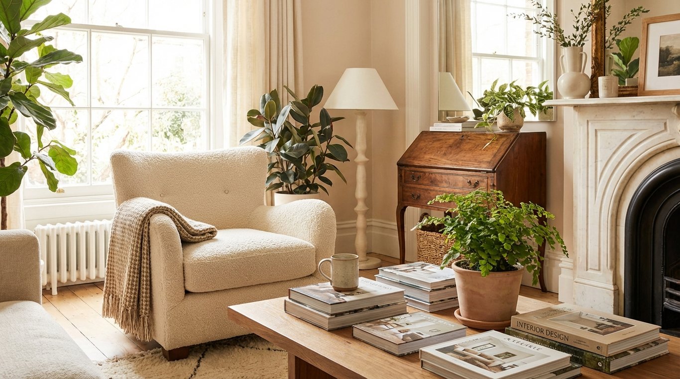 Journal de jardinage posé sur une table en bois avec feuilles vertes, ciseaux de jardin vintage et tasse de thé aux herbes