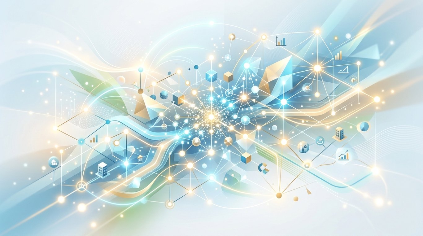 Tableau et visualisation abstraite illustrant la stratégie de réseau B2B et les connexions entre acteurs.