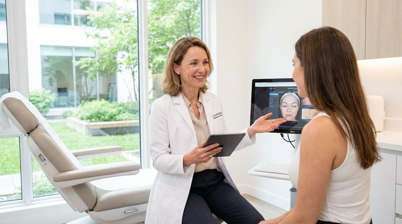Portrait professionnel du Dr Camille Roux en blouse blanche souriante