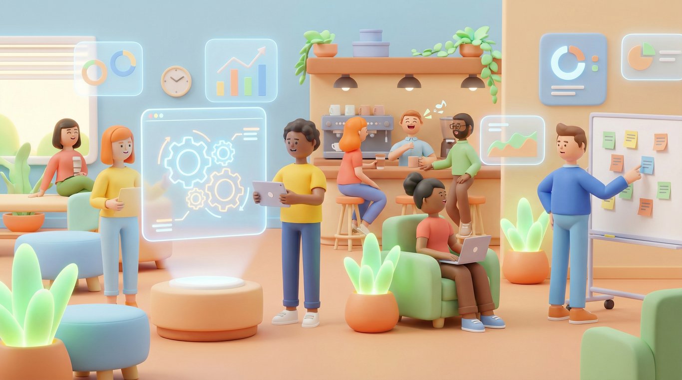 Équipe diverse travaillant dans un bureau ouvert lumineux avec vue panoramique urbaine