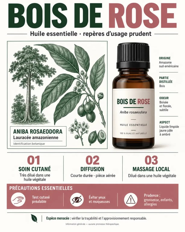 Infographie sur les huiles essentielles bois de rose : identification, usages et précautions