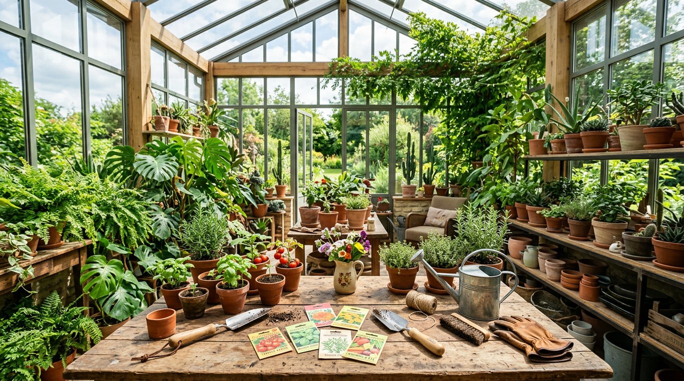 Serre d'intérieur lumineuse avec plantes et outils