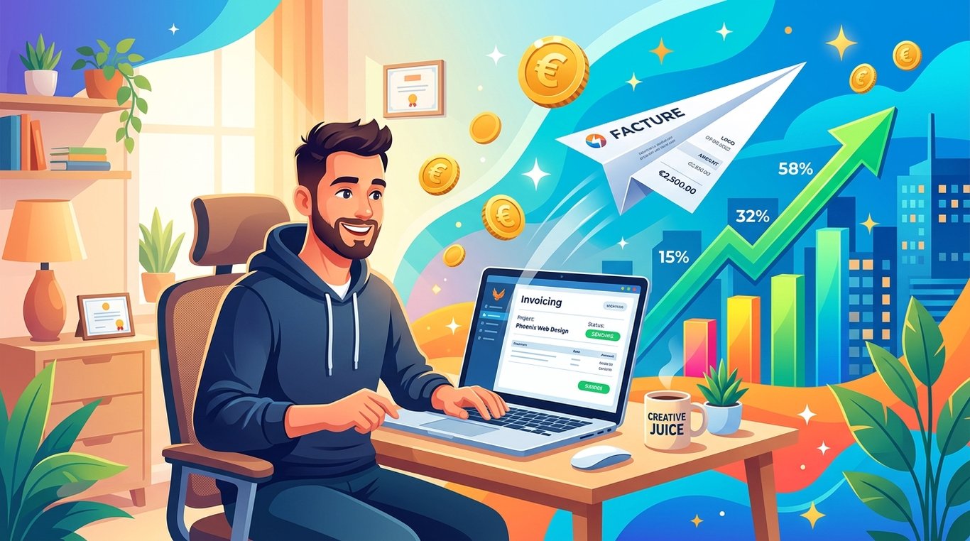 Illustration vectorielle d'un freelance souriant envoyant une facture sous forme d'avion en papier