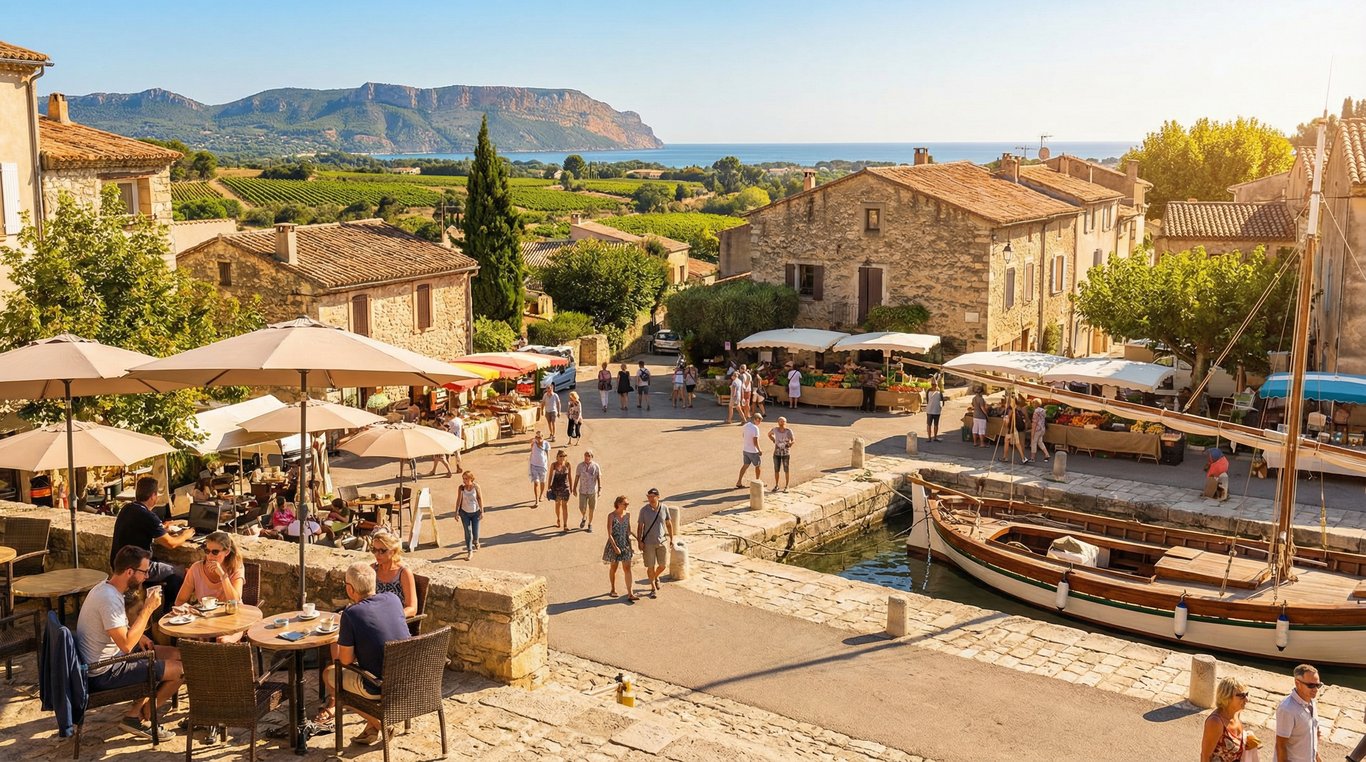 Carte d'Europe ancienne posée sur une table en bois avec une boussole et des photos polaroid de paysages variés