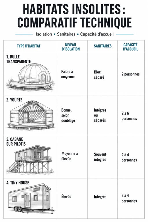 Infographie comparative des caractéristiques techniques des différents habitats insolites