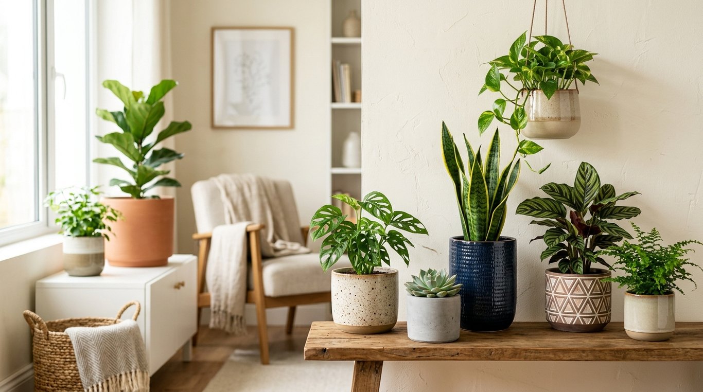 Étagère en bois clair avec des pots alignés et un dégradé de couleurs chaudes et naturelles.
