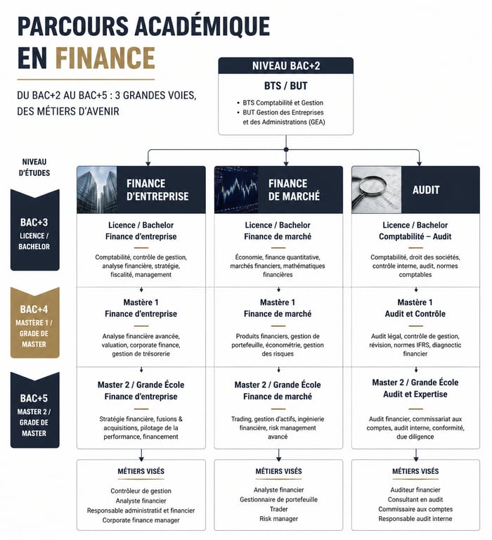Schéma des études en finance : du BTS au Master et spécialisations