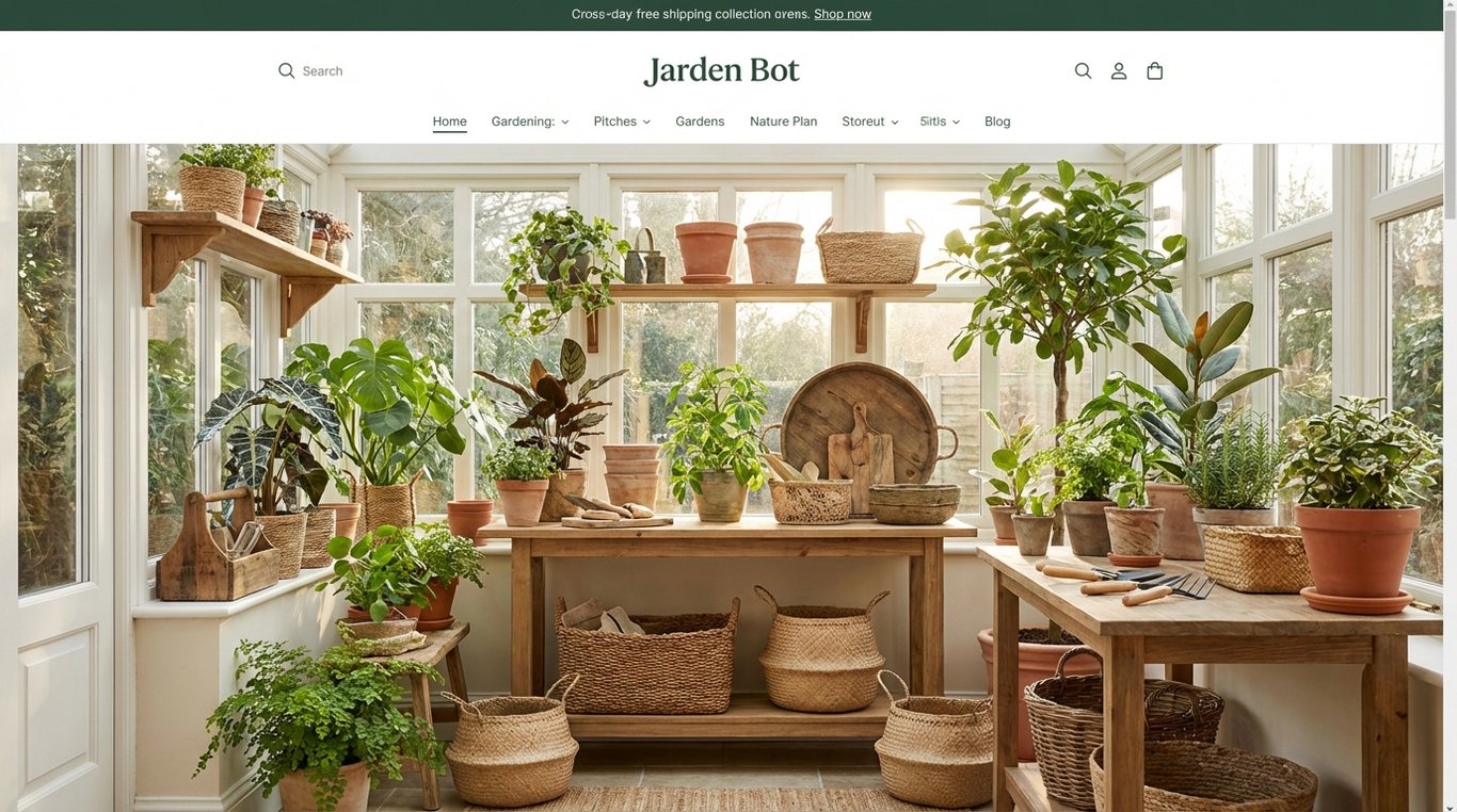 Présentation de la boutique Greeniste avec plantes d'intérieur, pots en terre cuite et outils de jardinage