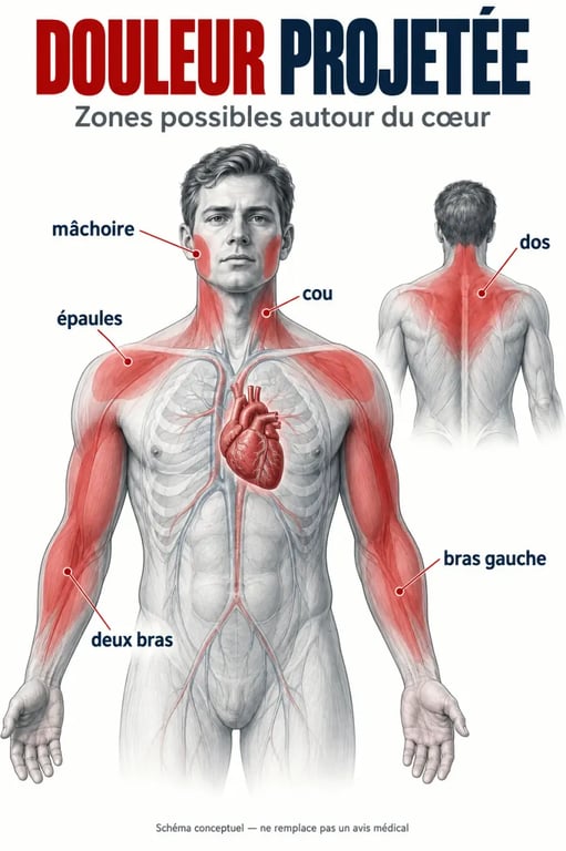 Schéma de la douleur bras gauche coeur et des zones d’irradiation possibles