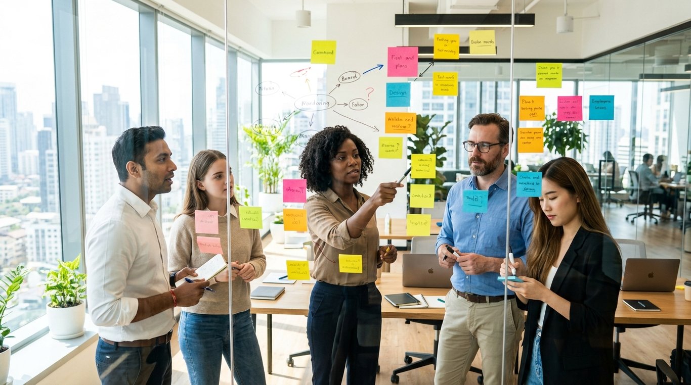 Équipe de consultants Agily Solutions collaborant autour d'un tableau agile