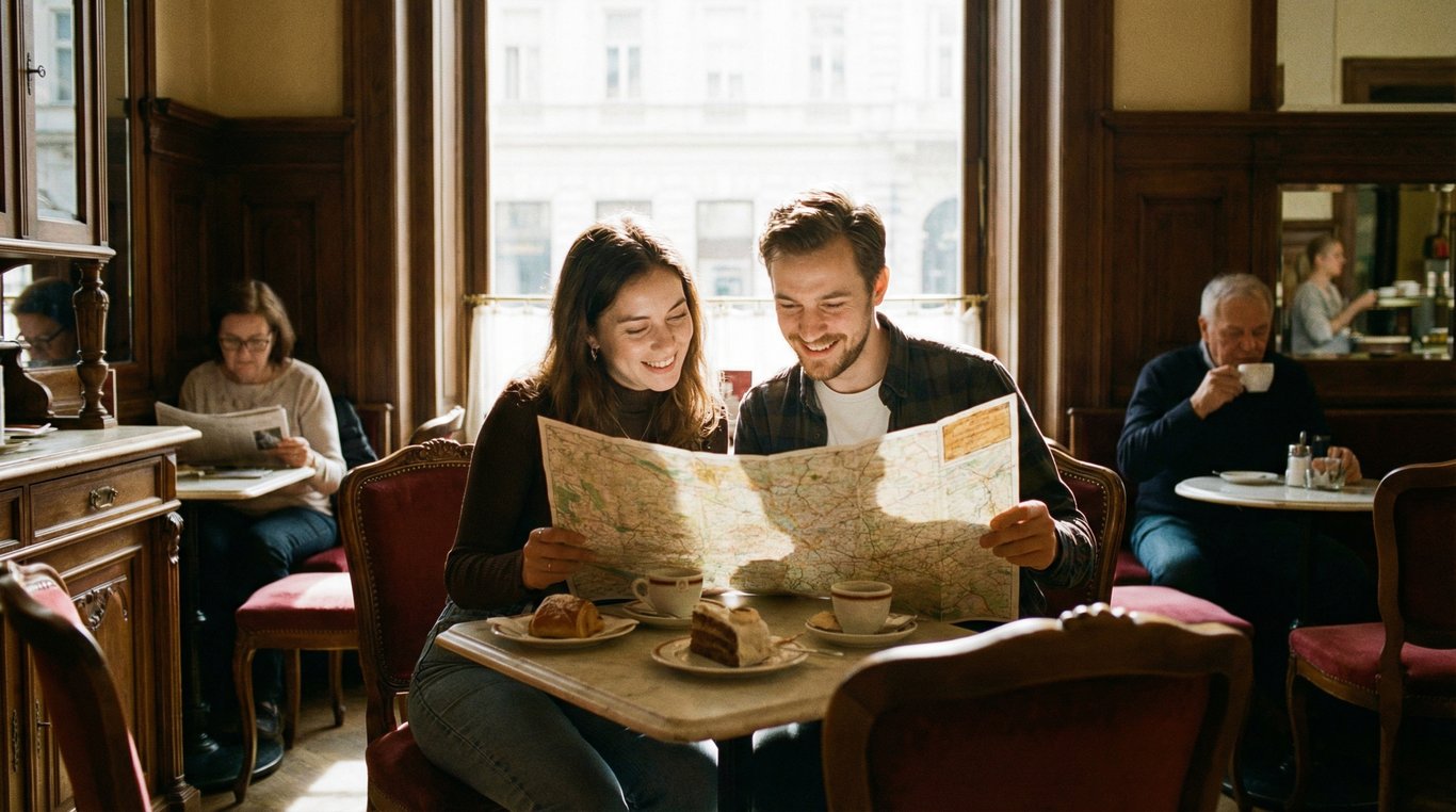 Portrait lifestyle de voyageurs consultant une carte papier dans un café viennois