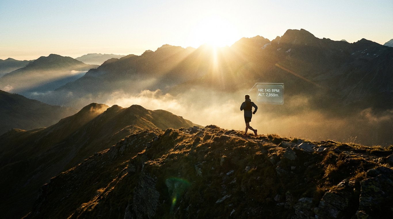 Coureur de trail sur une crête au lever du soleil