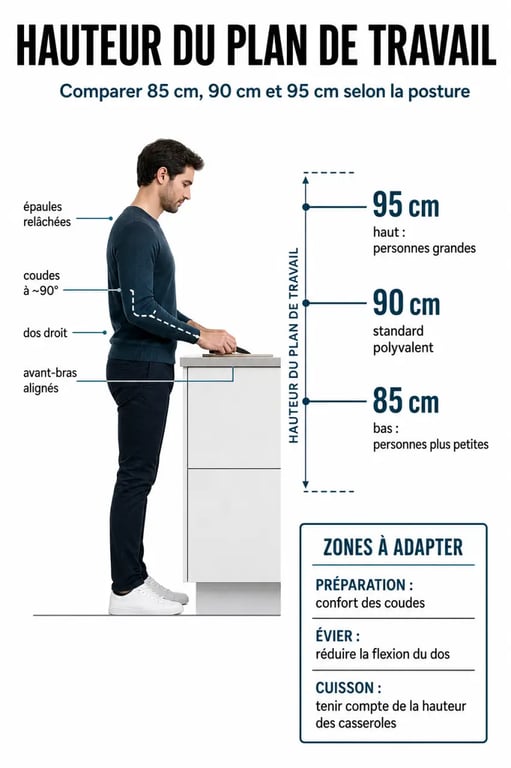 Hauteur plan de travail cuisine : repères 85, 90 et 95 cm avec posture ergonomique