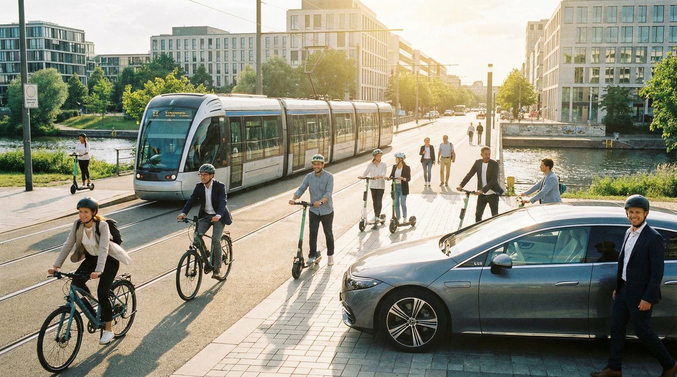 Une moto de type touring haut de gamme noire garée devant une entrée d'hôtel de luxe ou de centre d'affaires, avec un chauffeur en tenue professionnelle.