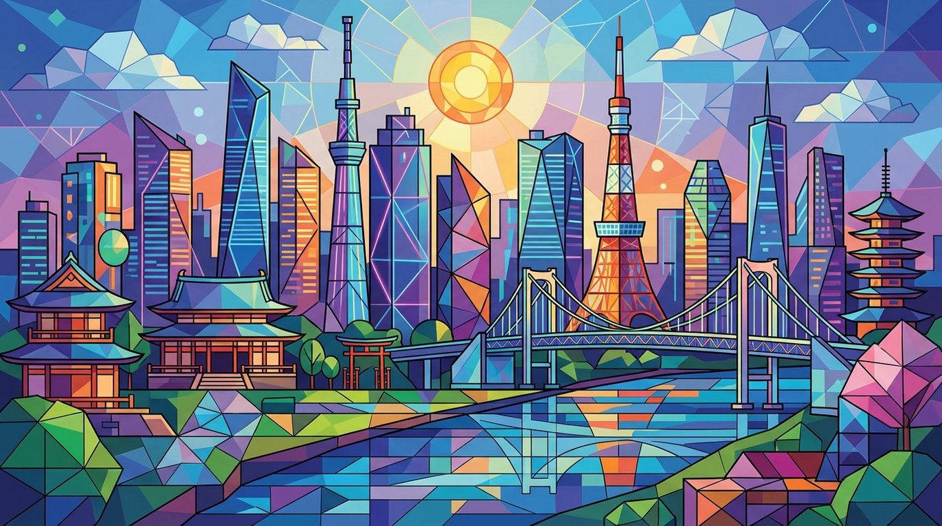 Rue de Tokyo la nuit stylisée avec des néons géométriques flottants