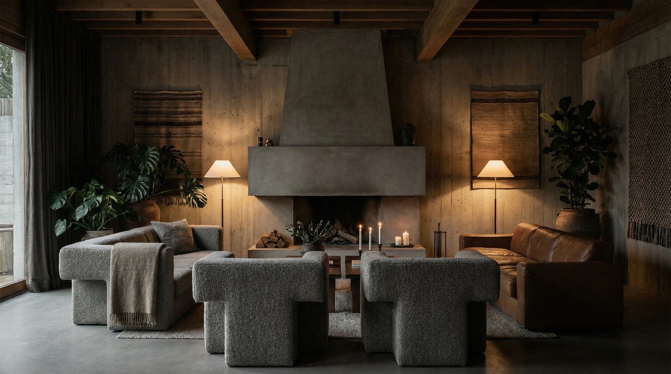 Mur en béton brut texturé dans un salon moderne avec canapé en lin blanc et ombre portée d'une plante