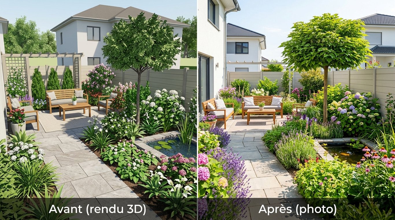 Rendu 3D d’une mini-cour urbaine avant travaux : cloisons minérales et plantations structurantes.