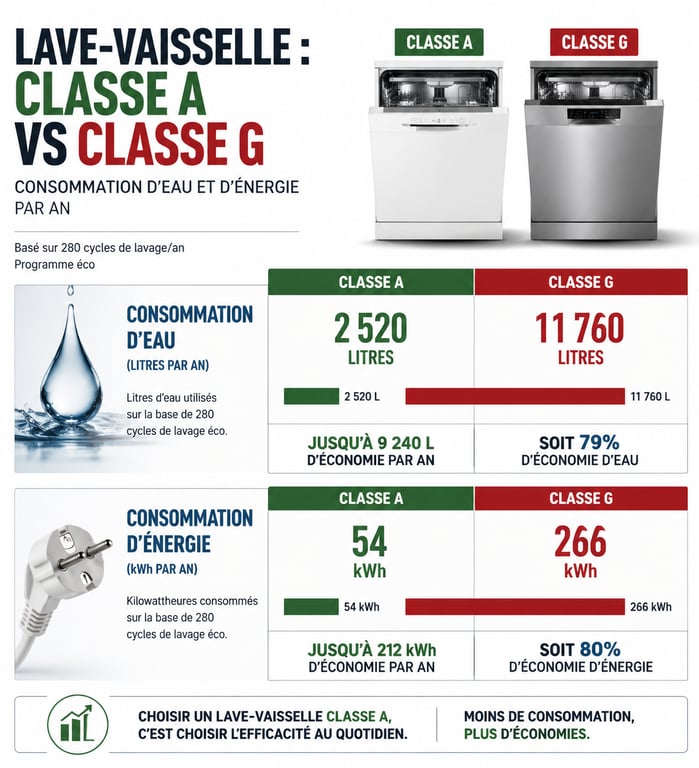 Comparaison consommation eau et énergie lave-vaisselle classe A vs G
