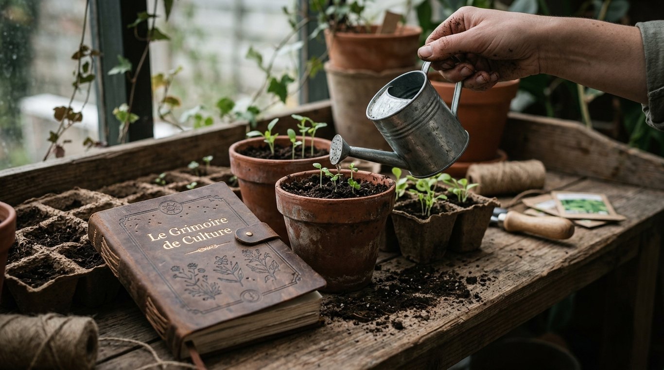 Vieux outils de jardinage en laiton et carnet en cuir ouvert, inspiration pour des astuces de culture.
