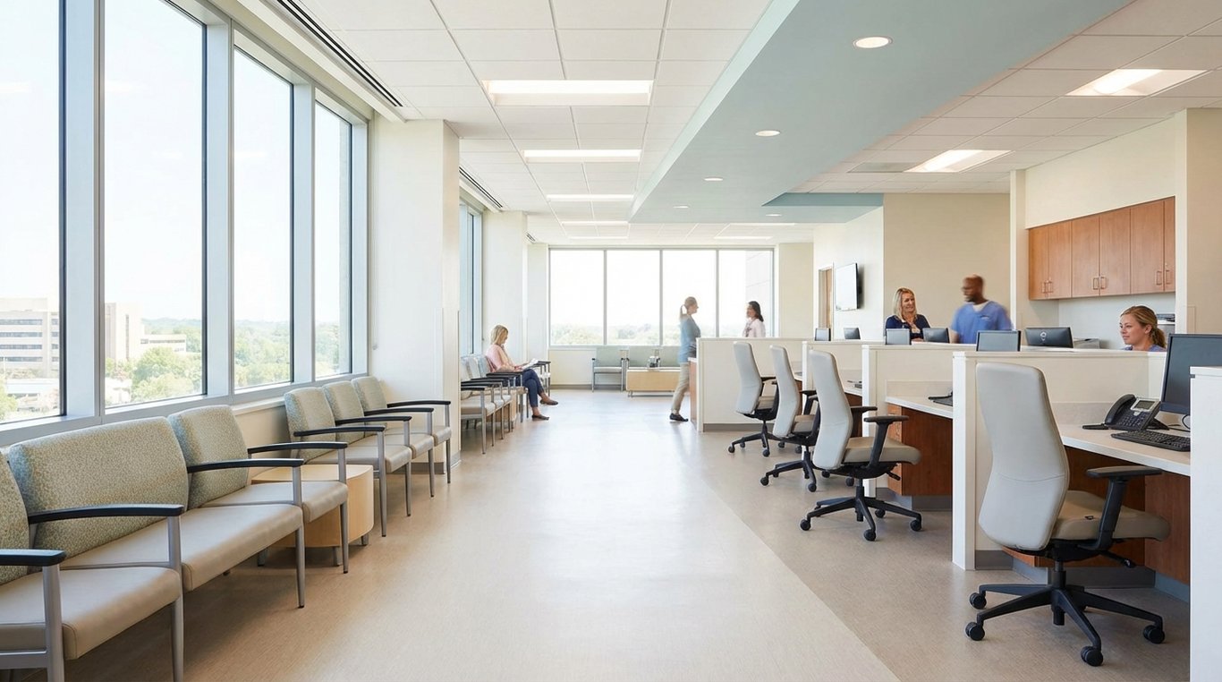 Salle d'attente confortable et moderne avec fauteuils design et plante verte