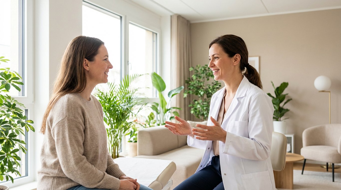 Femme médecin souriante en blouse blanche discutant avec une patiente dans un cabinet moderne