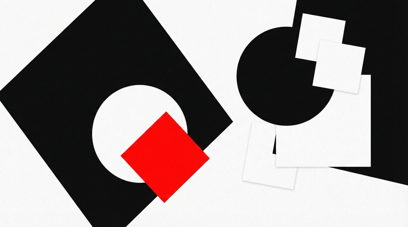 Composition abstraite style Swiss Design avec formes géométriques pures et contraste noir blanc rouge