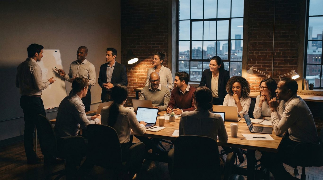 Bureau d'architecte minimaliste, plans sur table blanche, lunettes noires, ambiance studieuse et épurée