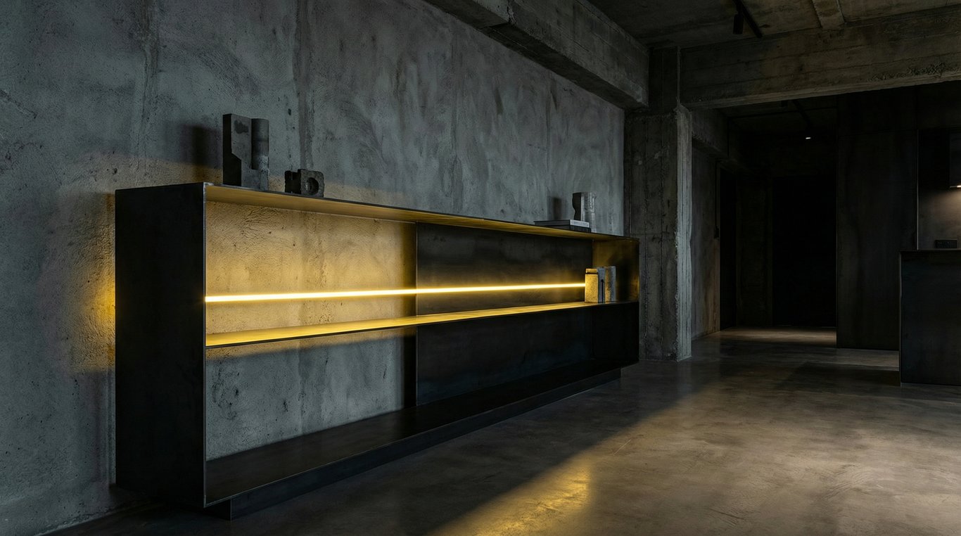 Surface en acier rouillé intégrée dans l'espace de vie