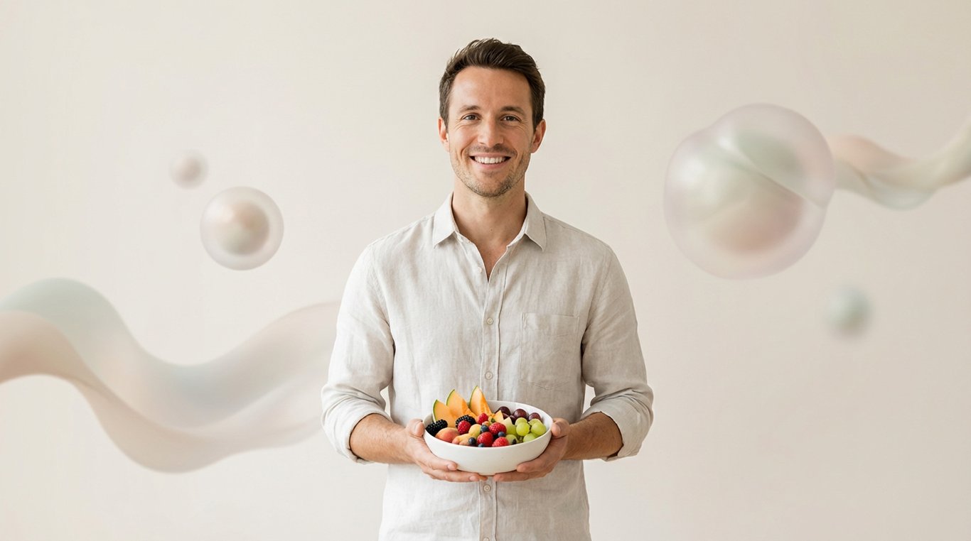 Romain, diététicien souriant tenant un bol de fruits frais